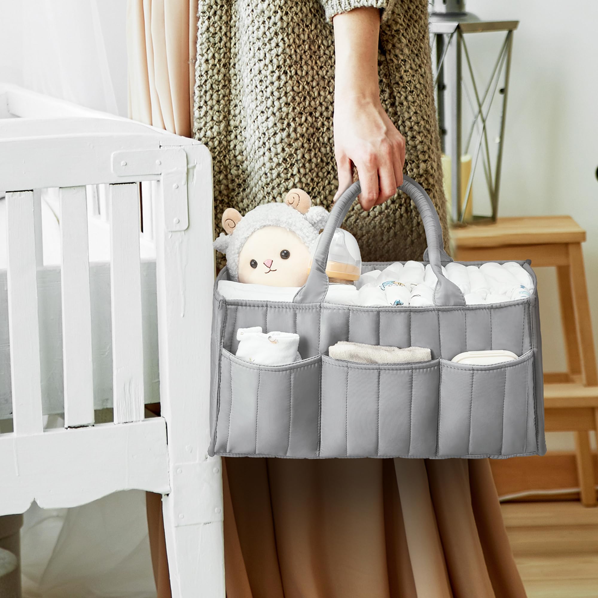Starry Sky Grey Diaper Caddy Organizer with Handles & Removable Dividers - Portable Diaper Storage Bag for Car, Nursery & Travel - Baby Essentials Organizer Basket & Tote for Easy Storage & Organization
