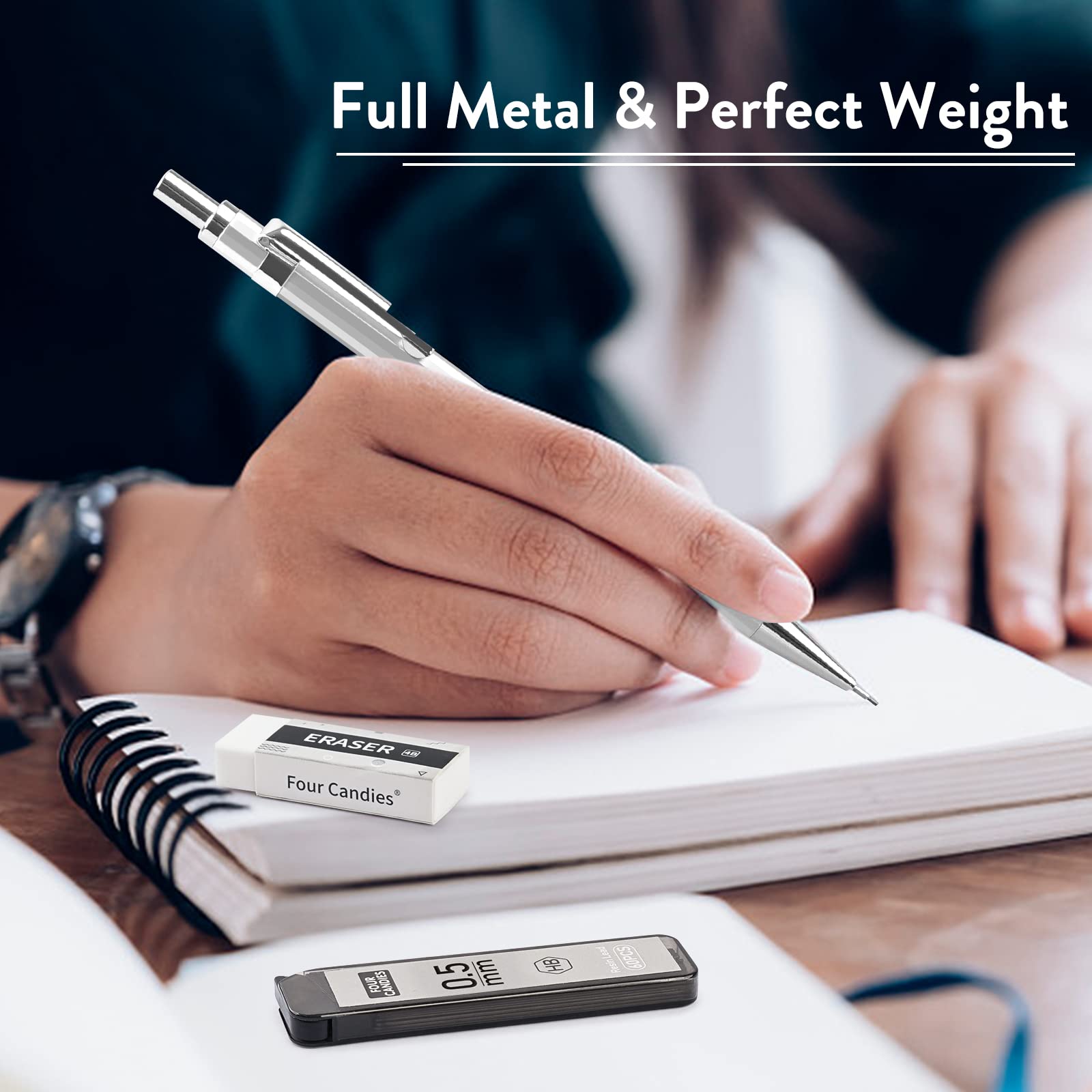 0.5mm Mechanical Pencil Set with Case - 4 Metal Pencils, 8 HB #2 Lead Refills, 3 Erasers & 9 Refills for Writing, Drawing & Sketching | School, Office & Art Supplies | Perfect for Students, Artists & Professionals