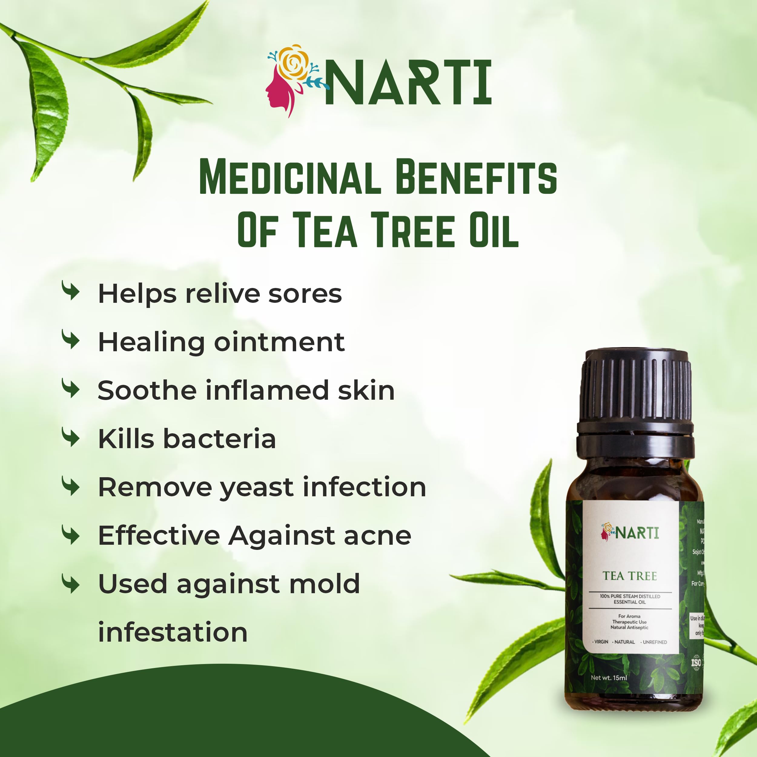 NARTI 100% Pure Tea Tree Essential Oil for Acne, Pimples & Scars - Natural Skin & Hair Care Treatment, Non-GMO, Synthetic-Free (30ml) - Perfect for DIY Beauty Recipes & Aromatherapy