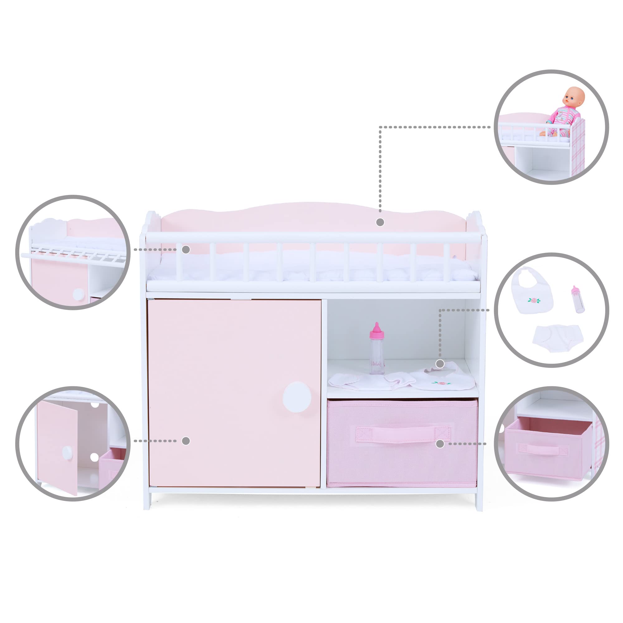 Olivia's Little World Pink and White Polka Dot Princess Wooden Baby Doll Crib with Under-Crib Storage - Cabinet with Door & 2 Cubbies | Perfect for Pretend Play, Nursery Decor & Gift for Toddlers