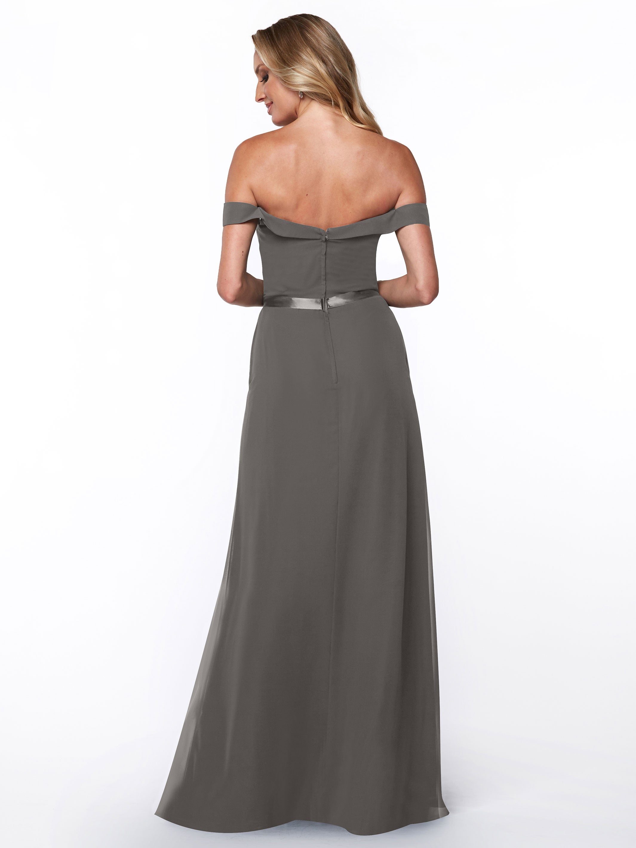 Elegant 80145 Off-The-Shoulder Chiffon A-Line Bridesmaid Dress with Sash - Perfect for Weddings, Formal Events & Special Occasions