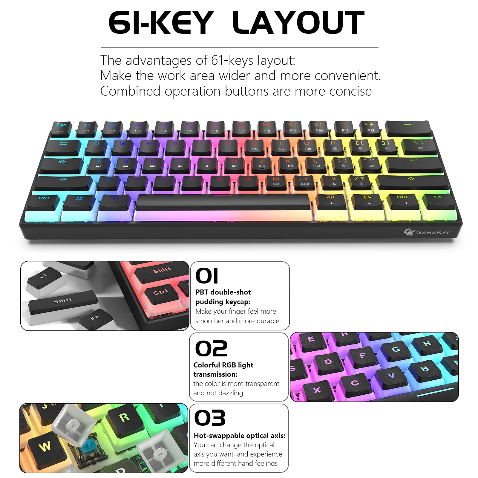 GK GAMAKAY MK61 61-Key RGB Gaming Keyboard - Gateron Optical Switches, Pudding Keycaps, Waterproof (Yellow Switch V2) for Esports & Office
