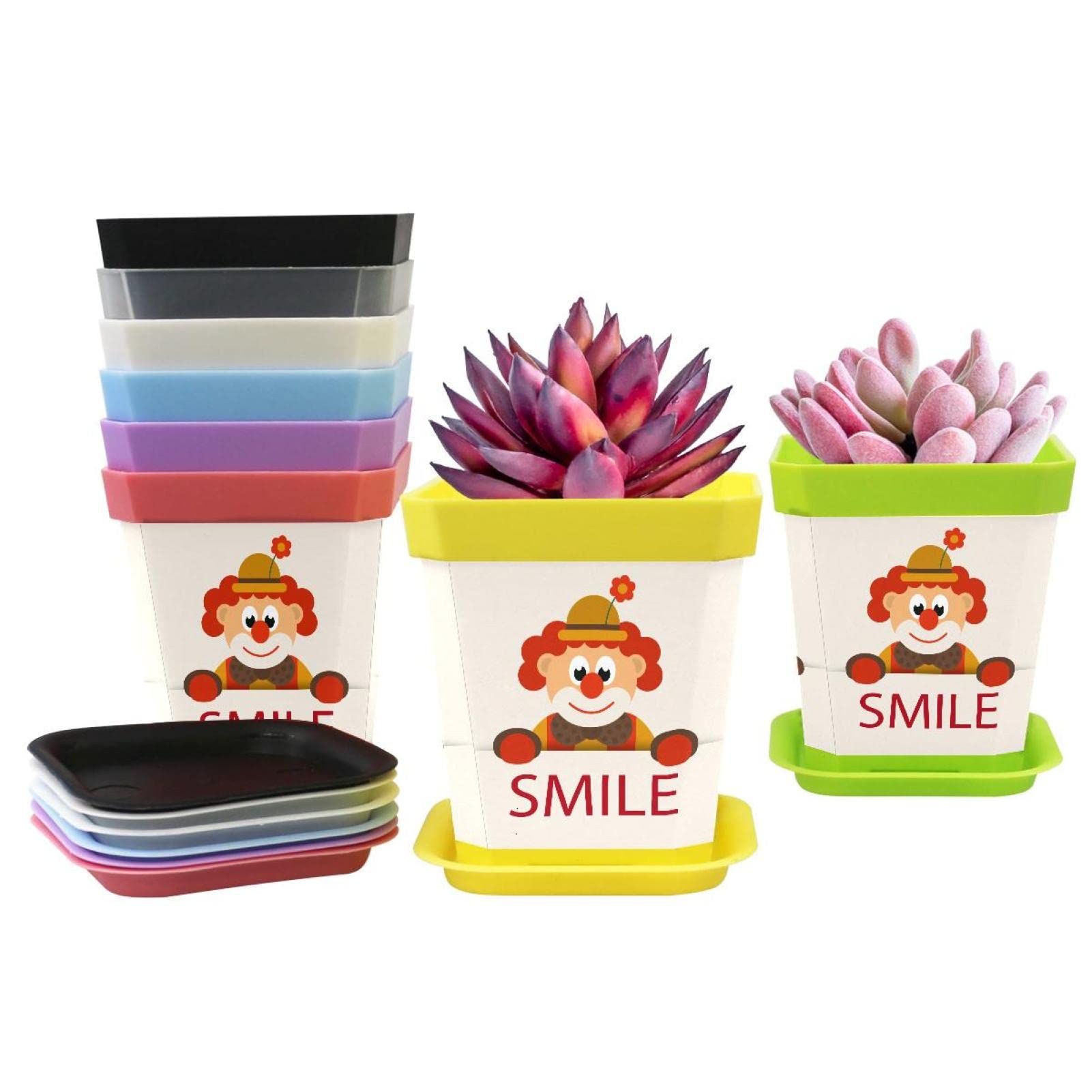 LAIYUHUA 2.75 Inch Mini Plastic Succulent Plant Pots with Drainage Hole & Tray - Pack of 8 Colorful Flower Planters for Indoor/Outdoor Decor, Office Desk, Garden - Funny Clown Smile Design (Plants Not Included)