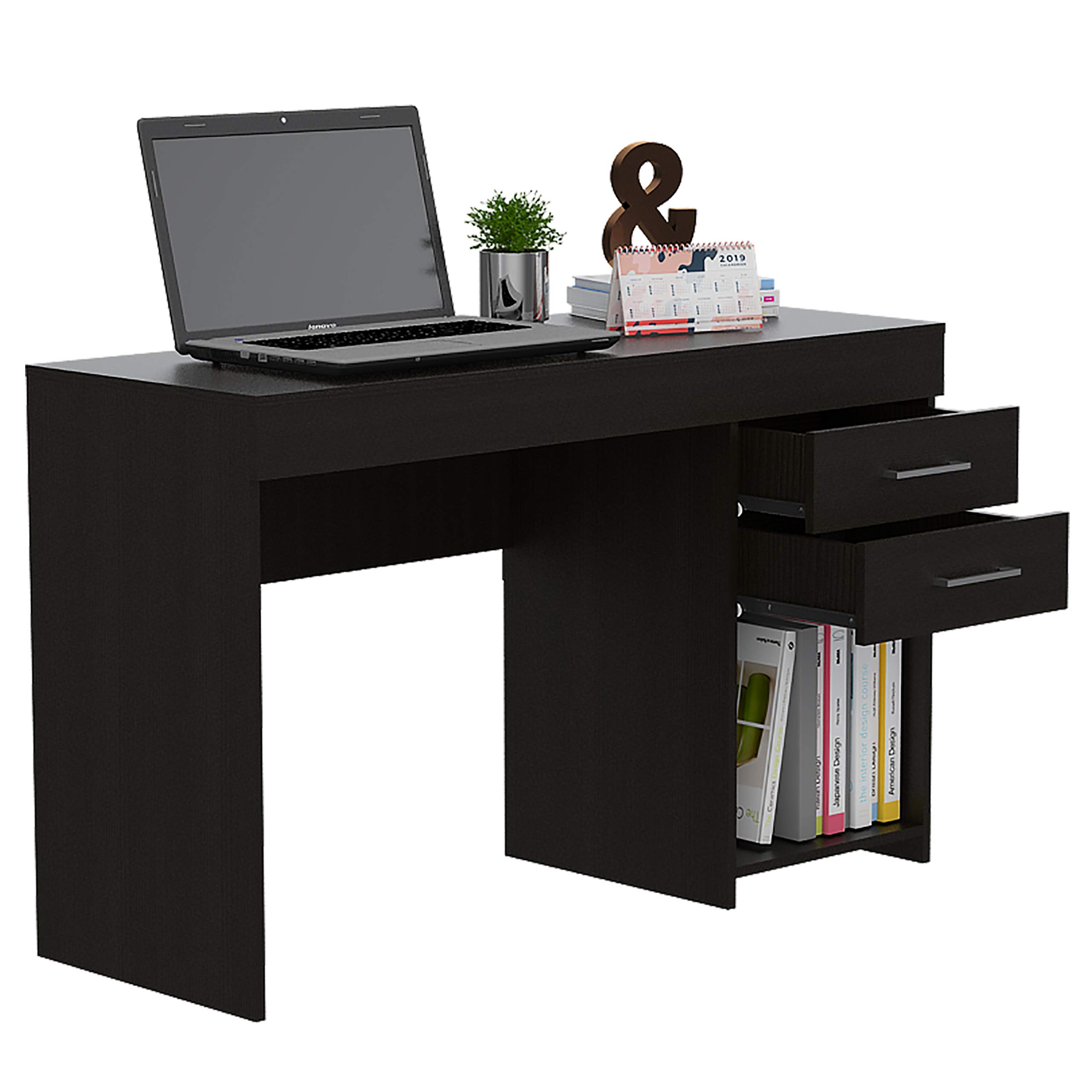 Black Austin Computer Desk with 2 Drawers & Open Shelf - Sturdy Metal Handles, Home Office Desk for Small Spaces, Gaming & Study Workstation