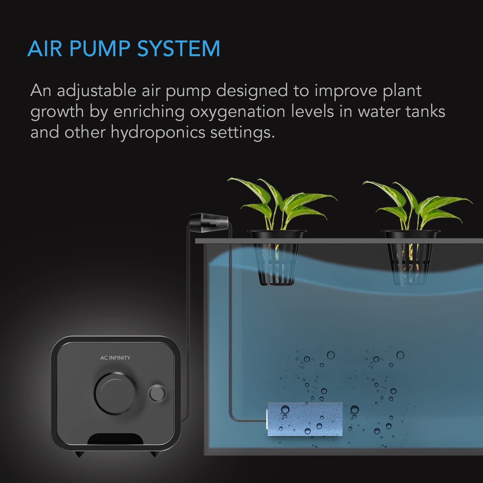 Adjustable Oxygen Air Pump Kit with Tubing, Check Valve & Air Stone - Quiet Aquarium Air Pump for Fish Tanks, Ponds, Hydroponics - Ideal for Oxygenation, Aeration & Healthy Aquatic Plants