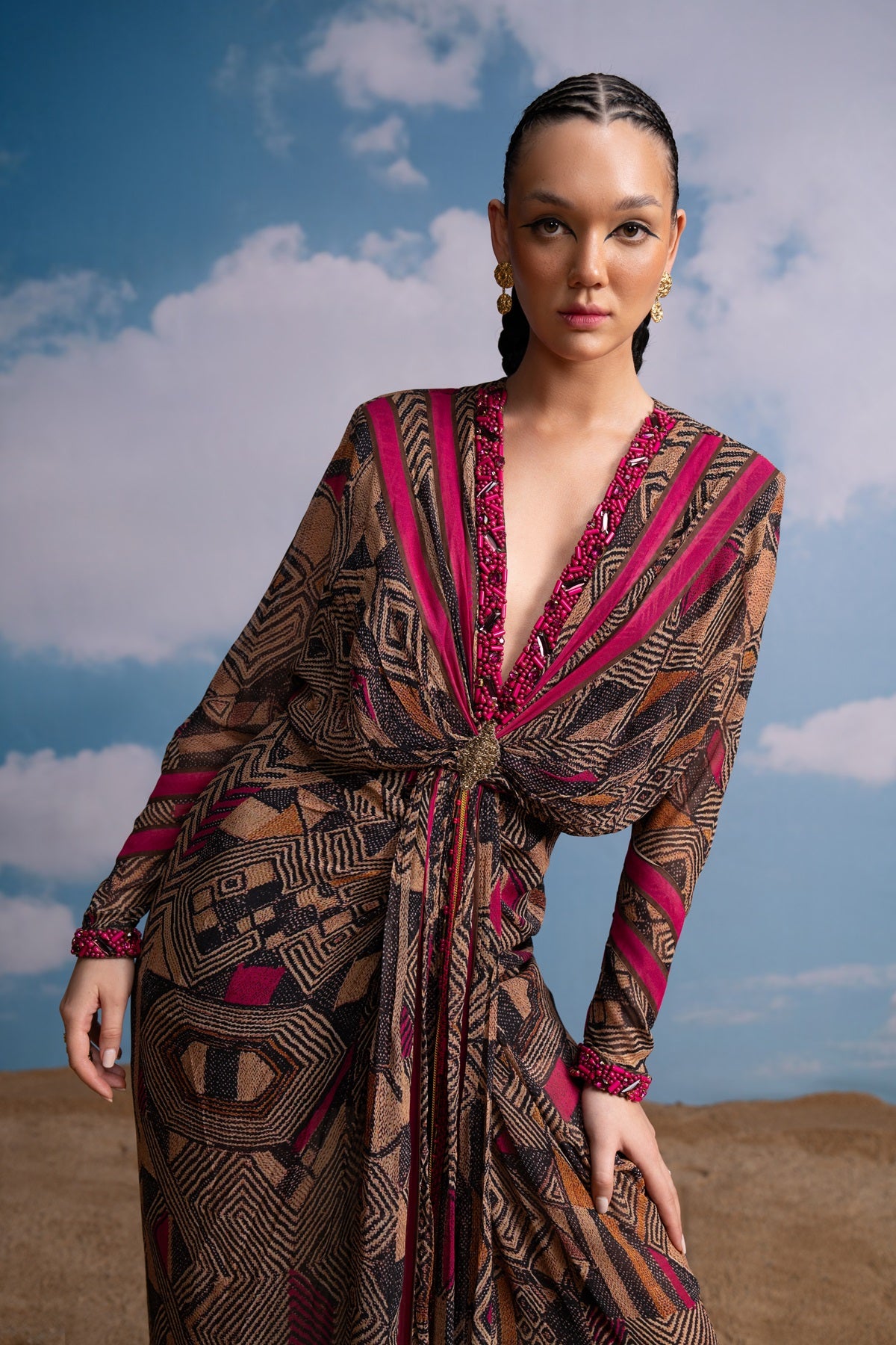 Elegant Fuchsia Pink Geometric Draped Dress with Hand Embroidery - Perfect for Evening Parties, Weddings & Special Occasions