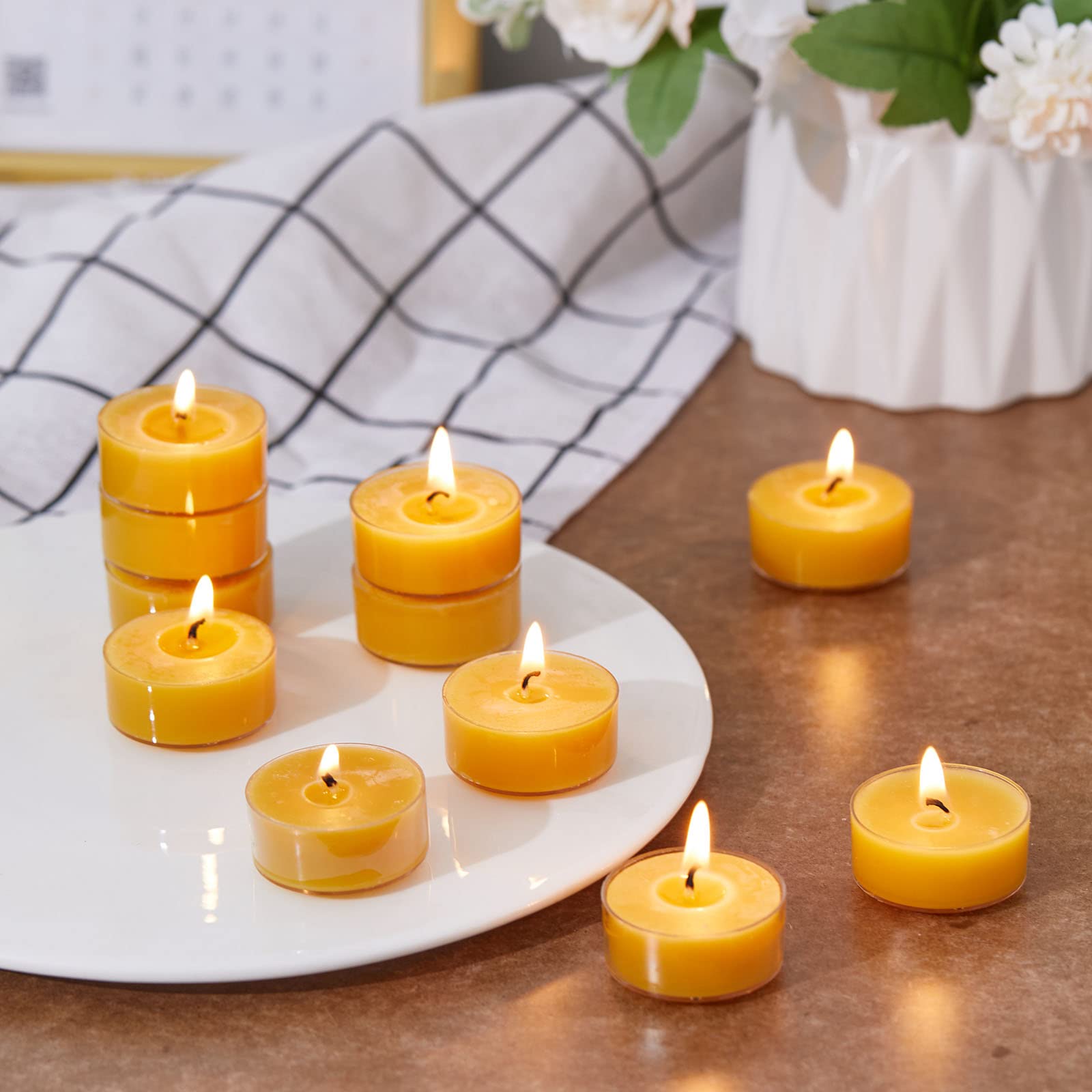 Natural Beeswax Tealight Candles - 12 Pack Long-Lasting (4 Hours Each) Eco-Friendly Tea Lights for Home Decor, Romantic Dinner, Spa Relaxation & Wedding Ambiance