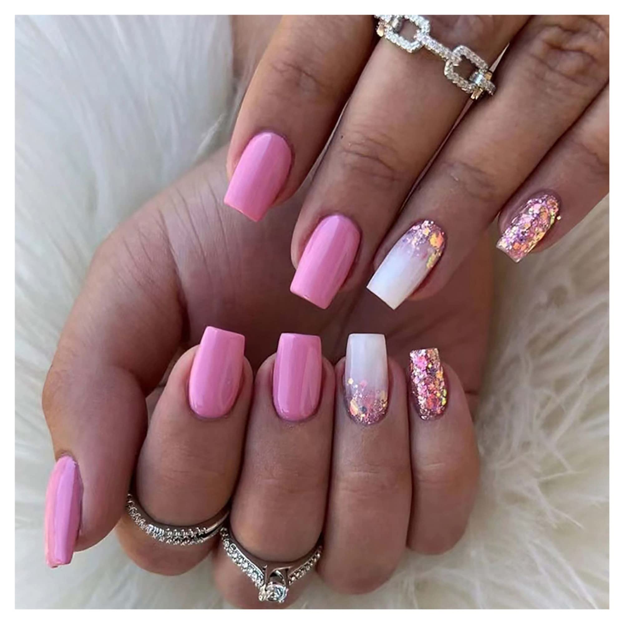 24pcs/Box Medium Length Ballet Nude Pink False Nails with Heart Design - Artificial Nails with Jelly Glue for Manicure & Nail Extension - Thin Skin Tone White (Color: 01) | Perfect for Weddings, Parties & Everyday Wear