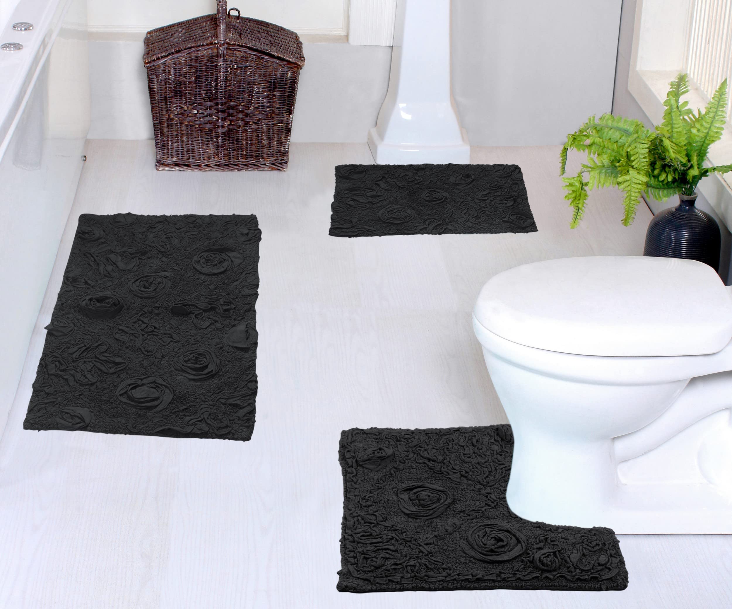 Premium 100% Cotton Bath Rug Set - Ultra Soft & Absorbent Non-Slip Bathroom Mats for Shower, Kitchen & Bathroom Floor - Washable 3-Piece Contour Set in Gray - Perfect for Modern Homes & Spa-Like Bathrooms