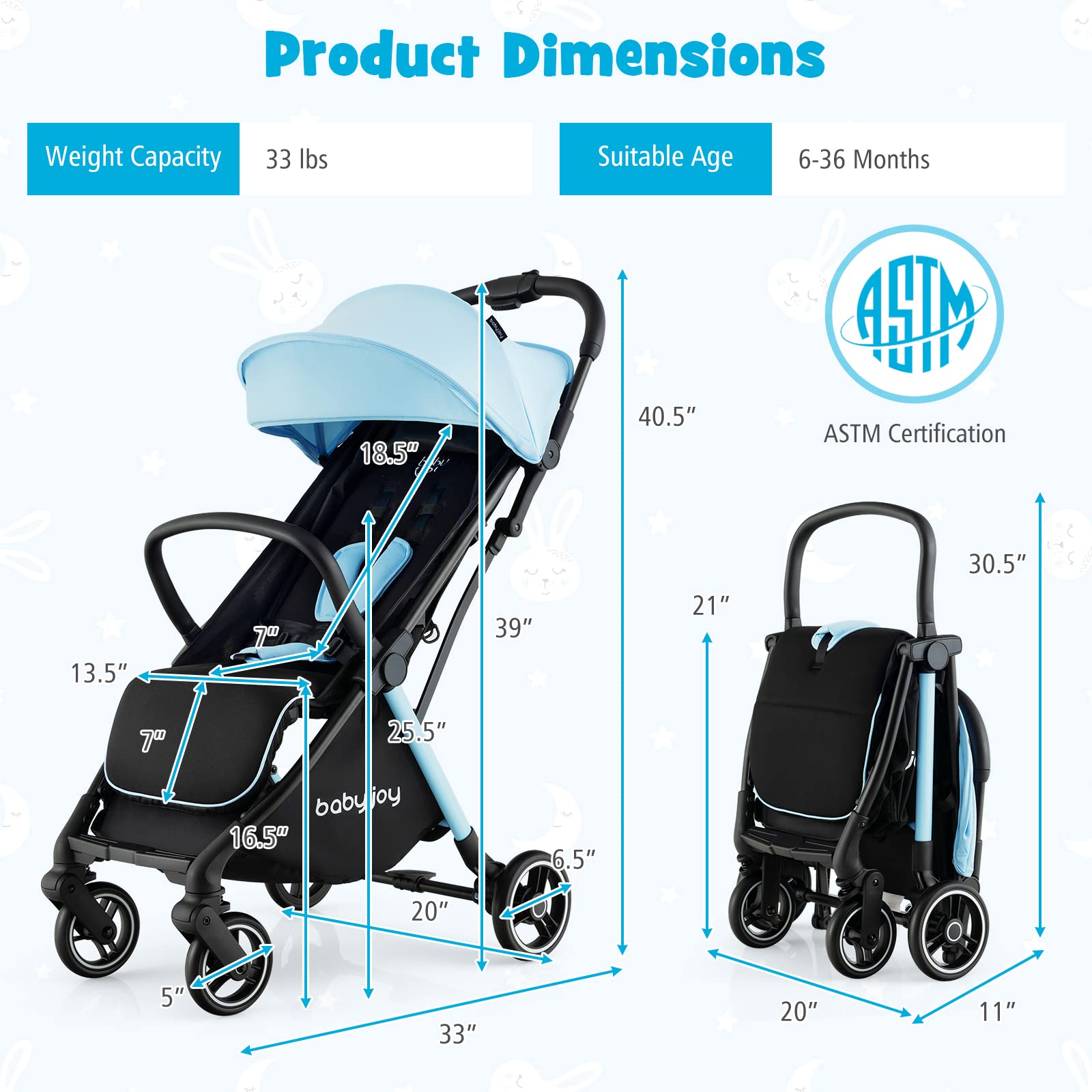 BABY JOY Lightweight Compact Travel Stroller for Airplane - Adjustable Backrest & Canopy, Storage Basket, Self Standing Gravity Fold, Aluminum Frame Baby Stroller for Infants & Toddlers (Blue) - Perfect for Air Travel, Shopping & Daily Walks