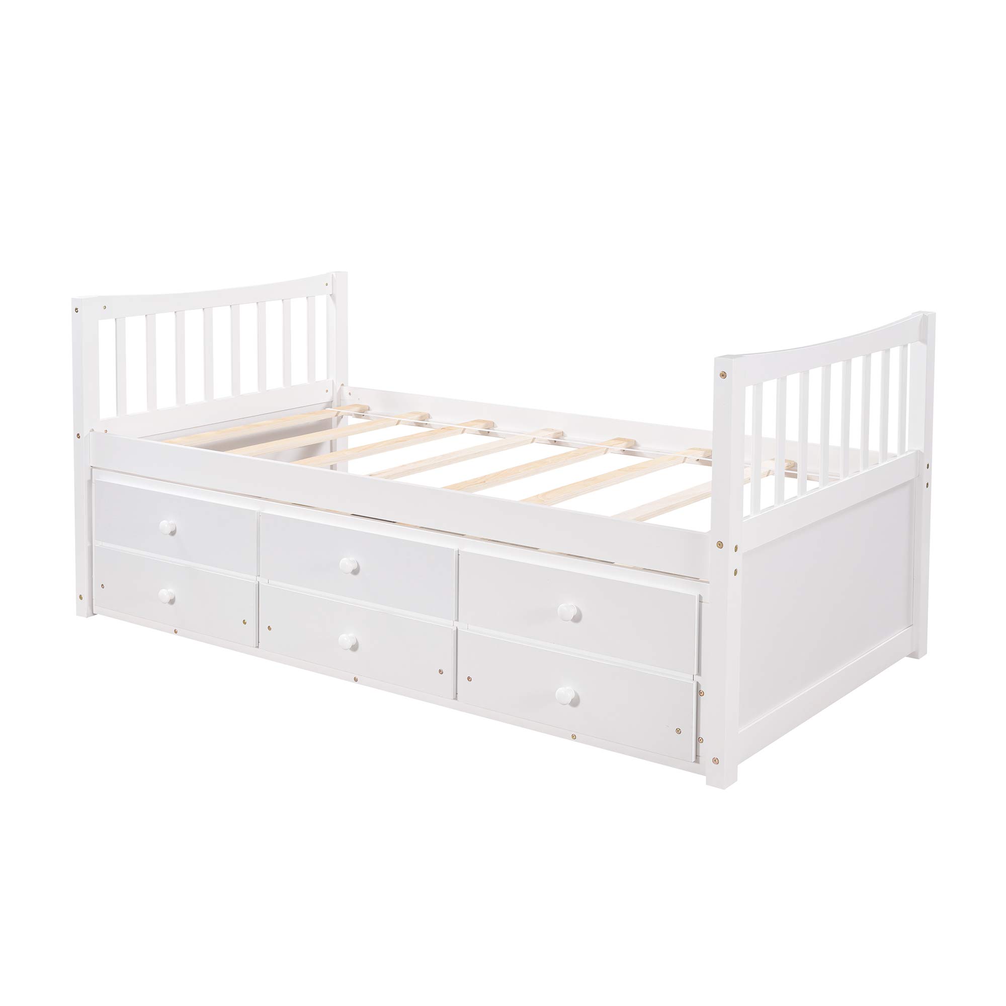 MERITLINE Twin Size Wooden Storage Platform Bed with 6 Drawers, Headboard & Footboard - White Captain Bed for Kids | Space-Saving Bedroom Solution for Small Rooms & Guest Rooms