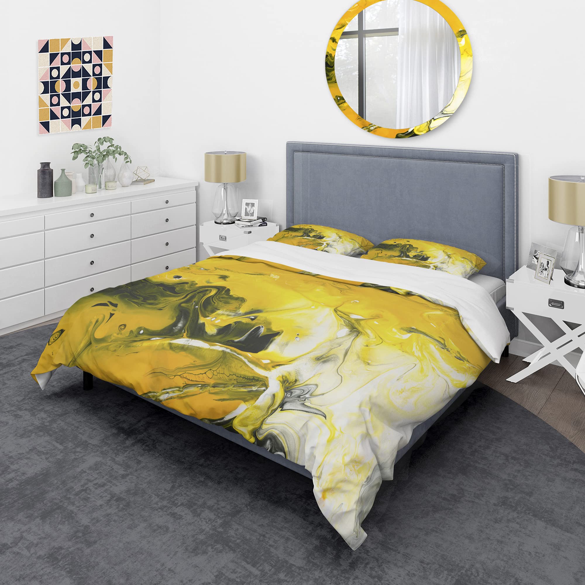 Yellow Acrylic Hand-Painted Marble Duvet Cover Set King Size - 3 Piece Abstract Modern Bedding Set for All Seasons | Contemporary Luxury Bedroom Decor for Master & Guest Rooms