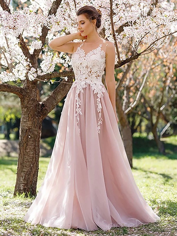 Elegant Pink Lace Applique Jewel Neck A-Line Evening Prom Dress for Sweet 16 - Perfect for Formal Dances, Weddings & Special Occasions (Style 18303)