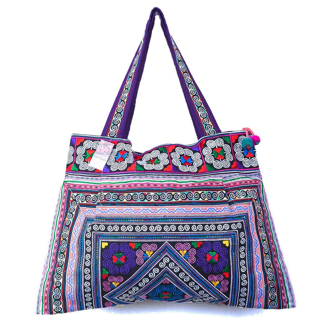 Changnoi Hmong Tribes Embroidered Tote Bag - Large Handmade Beach Bag for Women, Eco-Friendly Cotton Shoulder Bag - Perfect for Travel, Shopping & Picnics