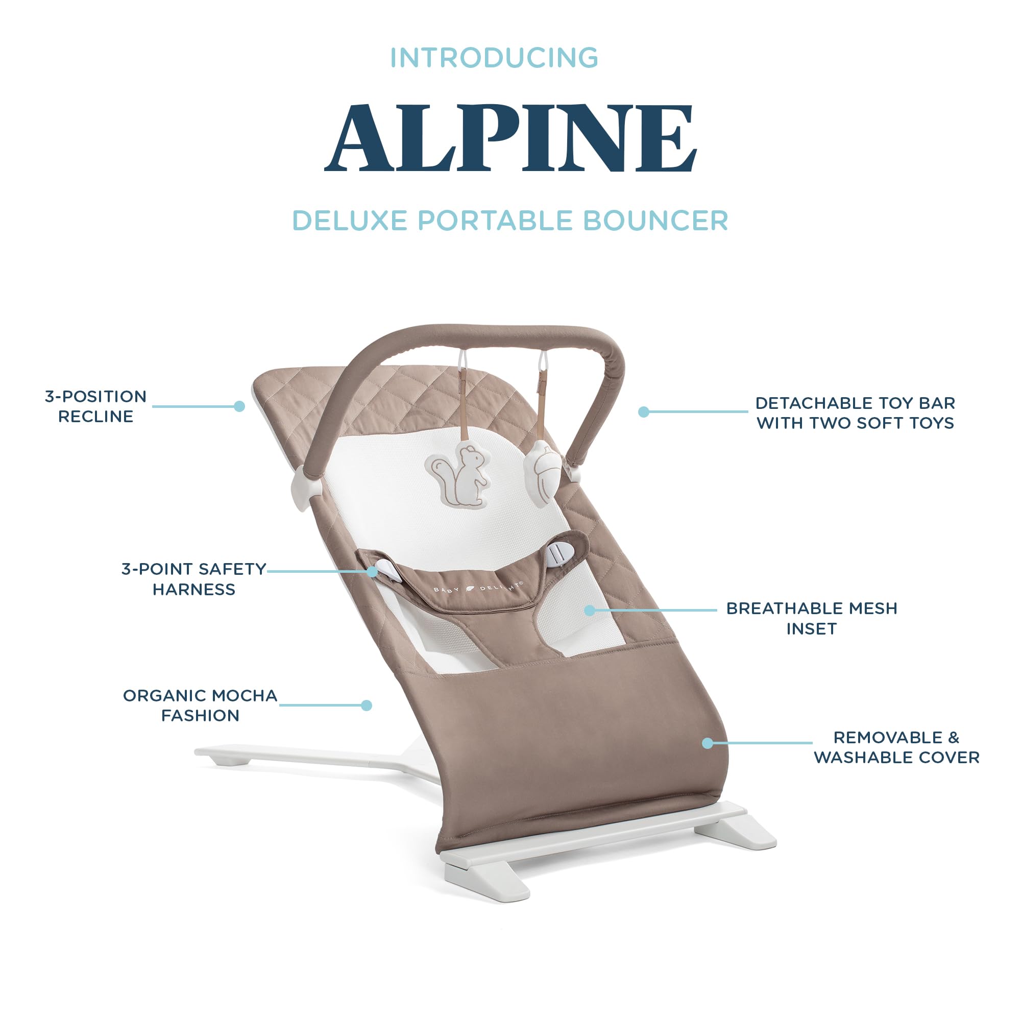 Baby Delight Alpine Deluxe Portable Baby Bouncer - Infant Seat for Newborns 0-6 Months | 100% GOTS Certified Organic Cotton Fabric in Mocha | Gentle Rocking Motion for Soothing & Playtime | Perfect for Nursery, Living Room or Travel