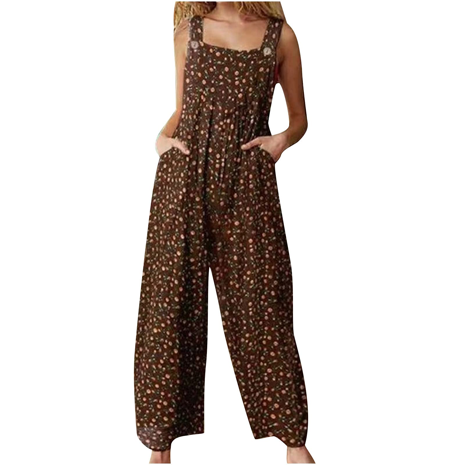 YRAETENM Women's Loose Fit Overalls - Floral Print Suspender Pants with Pockets, Sleeveless Wide Leg Jumpsuit for Summer | Casual Outfit, Beach Wear, Outdoor Activities