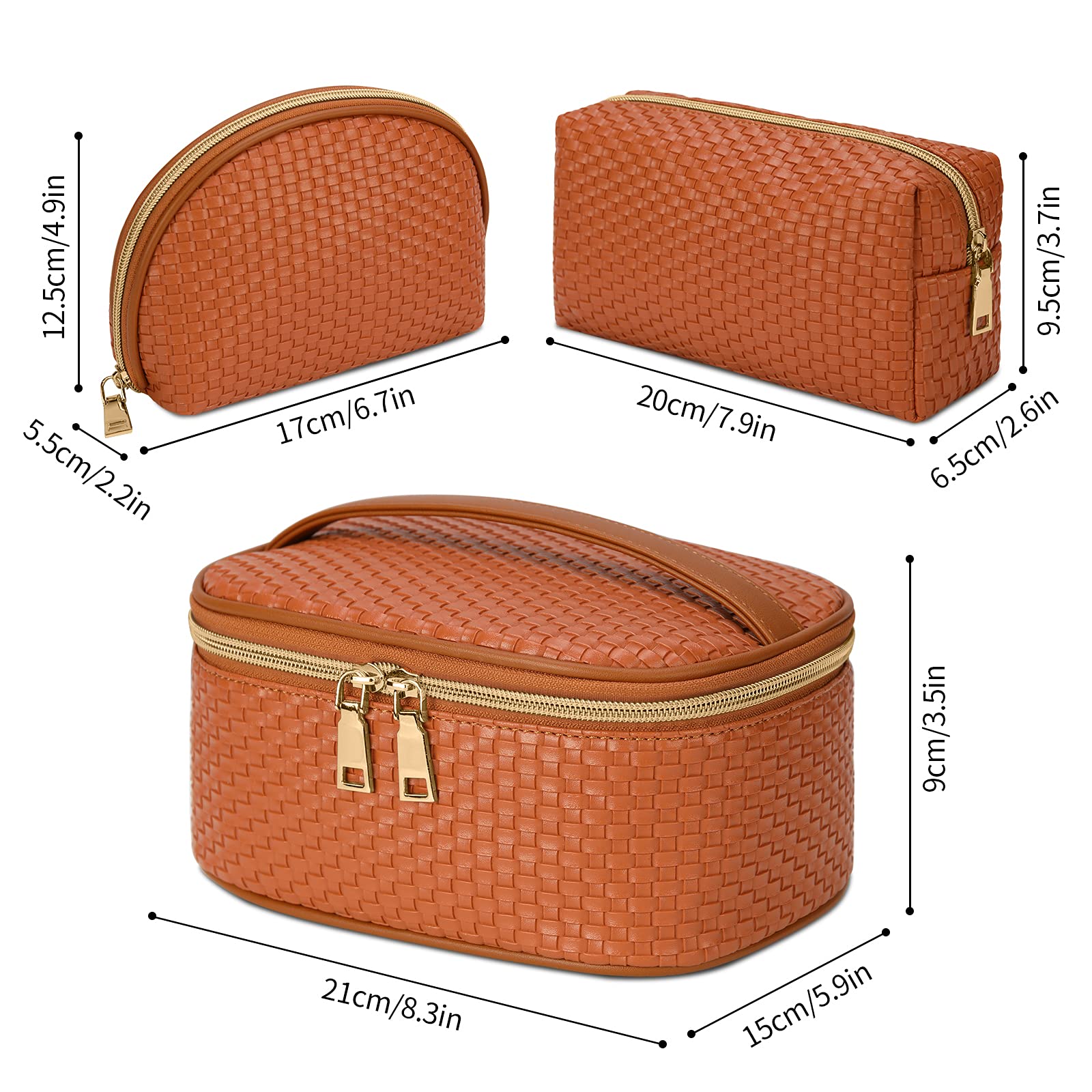KTMOUW 3-Piece Waterproof Makeup Bag Set - Portable Travel Cosmetic Organizer with Multifunctional Storage | Perfect for Women's Toiletries, Cosmetics & Travel Essentials (Brown, Woven Design) | Ideal for Travel, Gym, Daily Use & Gift Giving