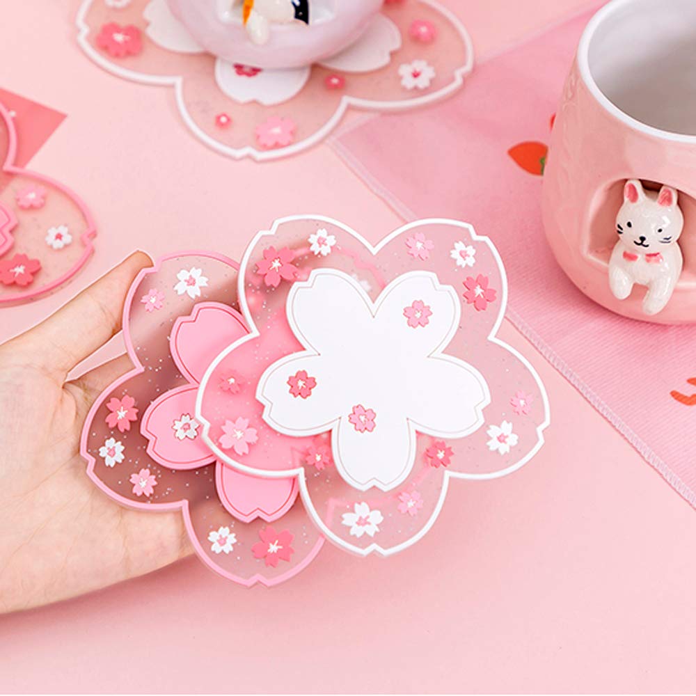 Sakura Coffee Cup Coaster Set - 2PCS Cute Cherry Blossom PVC Drink Coasters, Non-Slip Mug Mat with Pink Flower Pattern for Tea, Coffee, and Hot Drinks - Perfect for Home, Office Desk, and Table Decor (Small)