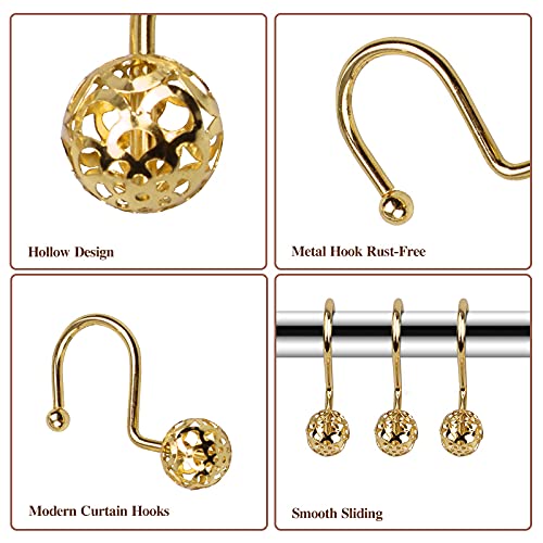 12-Pack Rustproof Stainless Steel Shower Curtain Hooks - Premium Hollow Ball Design for Bathroom Rods (Gold) - Perfect for Modern Bathrooms & Spa-Like Showers