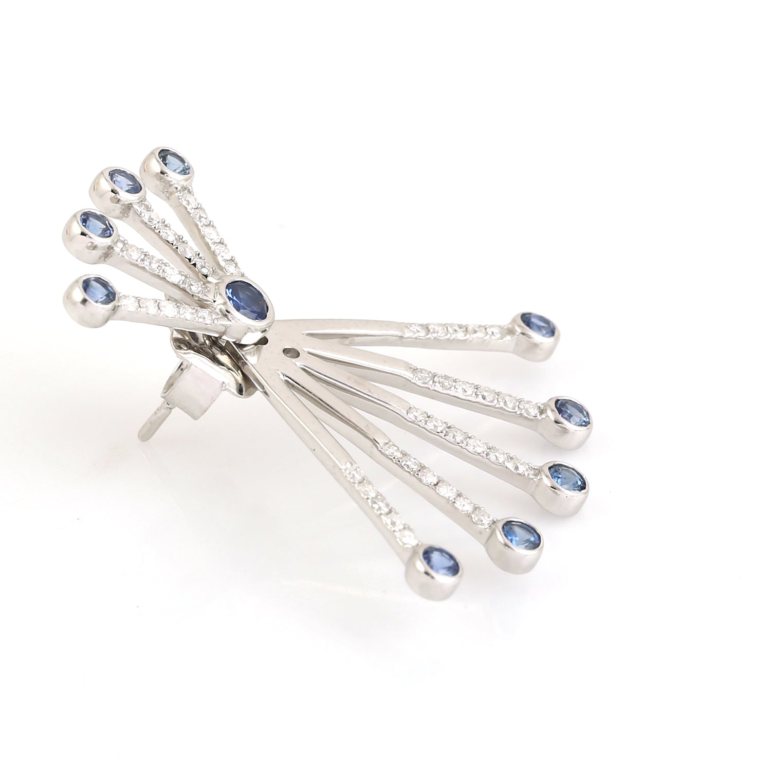 Exquisite Bezel Set Blue Sapphire & Pave Diamond Ear Jacket Earrings in 14K White Gold | Elegant Bridal Jewelry & Evening Wear Accessories