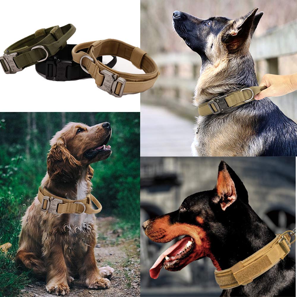Tactical Military Dog Collar - Heavy Duty Adjustable Nylon Collar with Metal Buckle & Handle for Training - Perfect for Outdoor Adventures, Hiking & Security Dogs (Brown, Large)