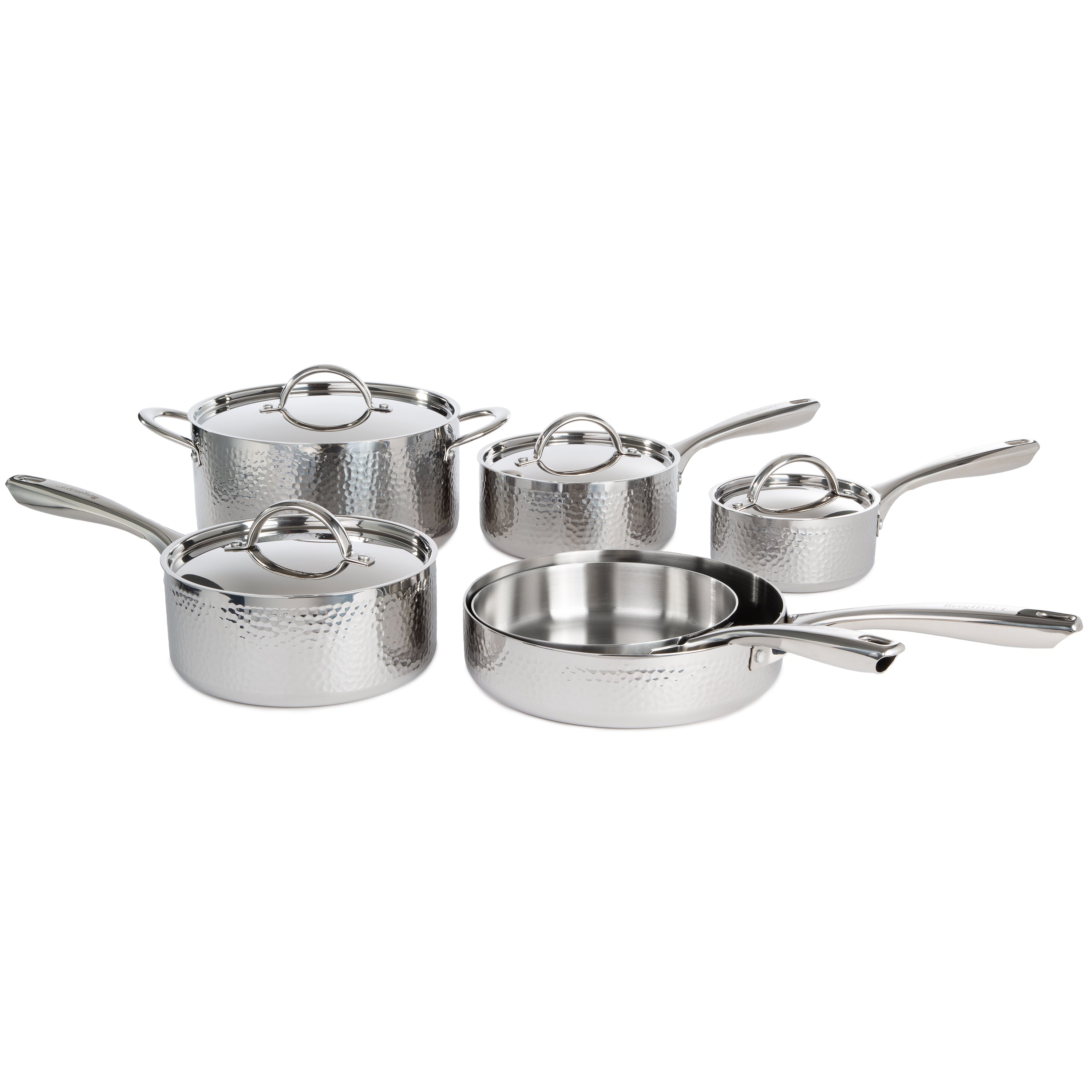 BergHOFF Vintage 10-Piece Tri-Ply 18/10 Stainless Steel Cookware Set with Lids - Hammered Finish for Professional Cooking & Home Kitchen Use