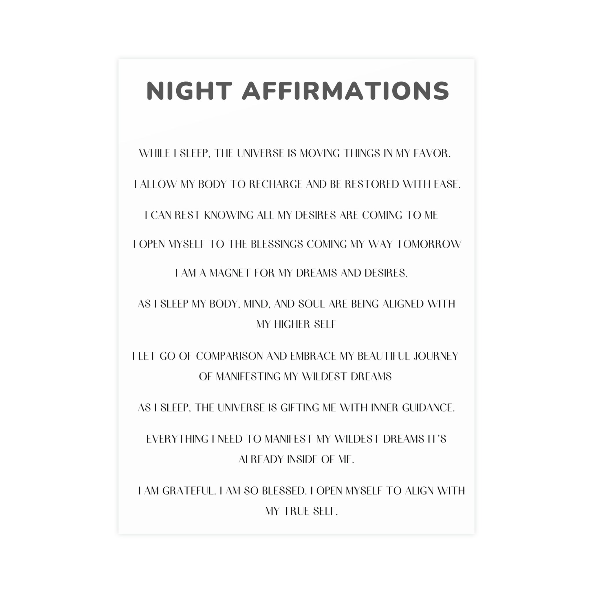 Night Time Affirmations and Manifestation Sayings Vertical Matte Poster - Positive Bedroom Wall Art for Meditation & Self-Care