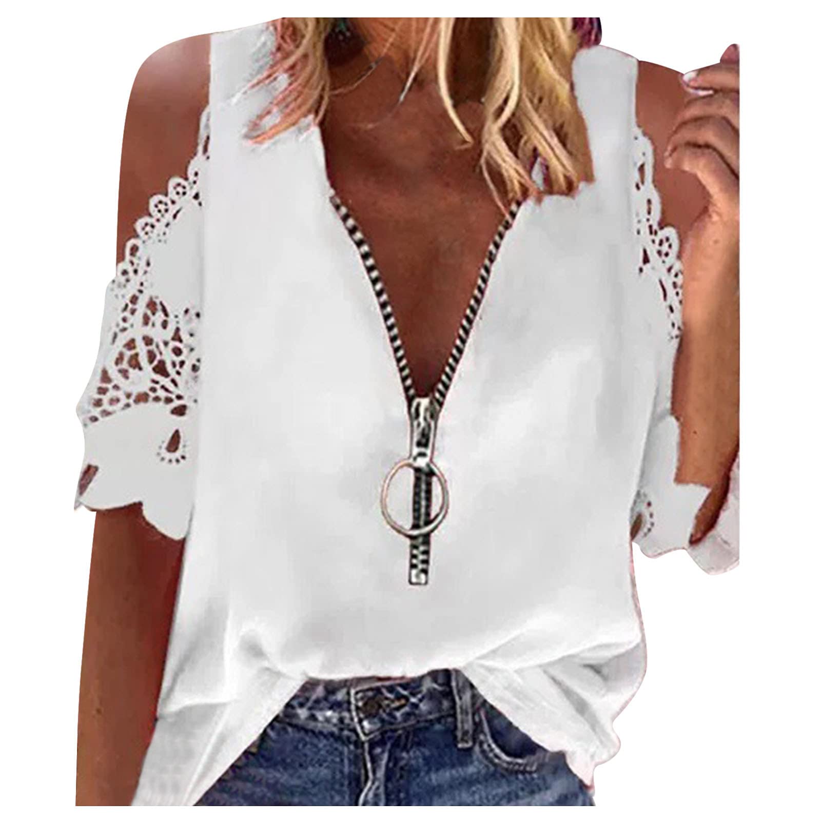 Women's Casual Ruffled Short Sleeve V-Neck Printed T-Shirt - Summer Blouse & Dressy Top (White, Medium) | Perfect for Office Wear, Date Nights & Summer Outfits