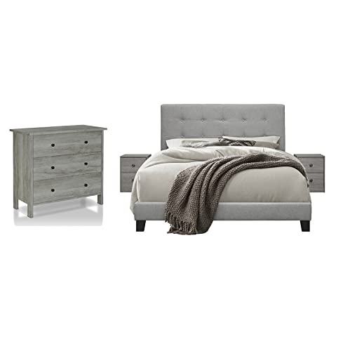 Gray 3-Piece Queen Size Upholstered Bedroom Set with Headboard, Frame & 2 Nightstands - Modern Bedroom Furniture for Couples | Perfect for Master Bedrooms & Guest Rooms (Dresser Sold Separately)