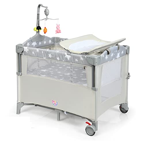 BABY JOY 5-in-1 Portable Baby Playard with Bassinet, Diaper Changer & Hanging Toys | Adjustable Bedside Sleeper for Newborn to Toddler | Safe U-Shaped Design with Side Zipper & Strap | Perfect for Nursery, Travel & Co-Sleeping