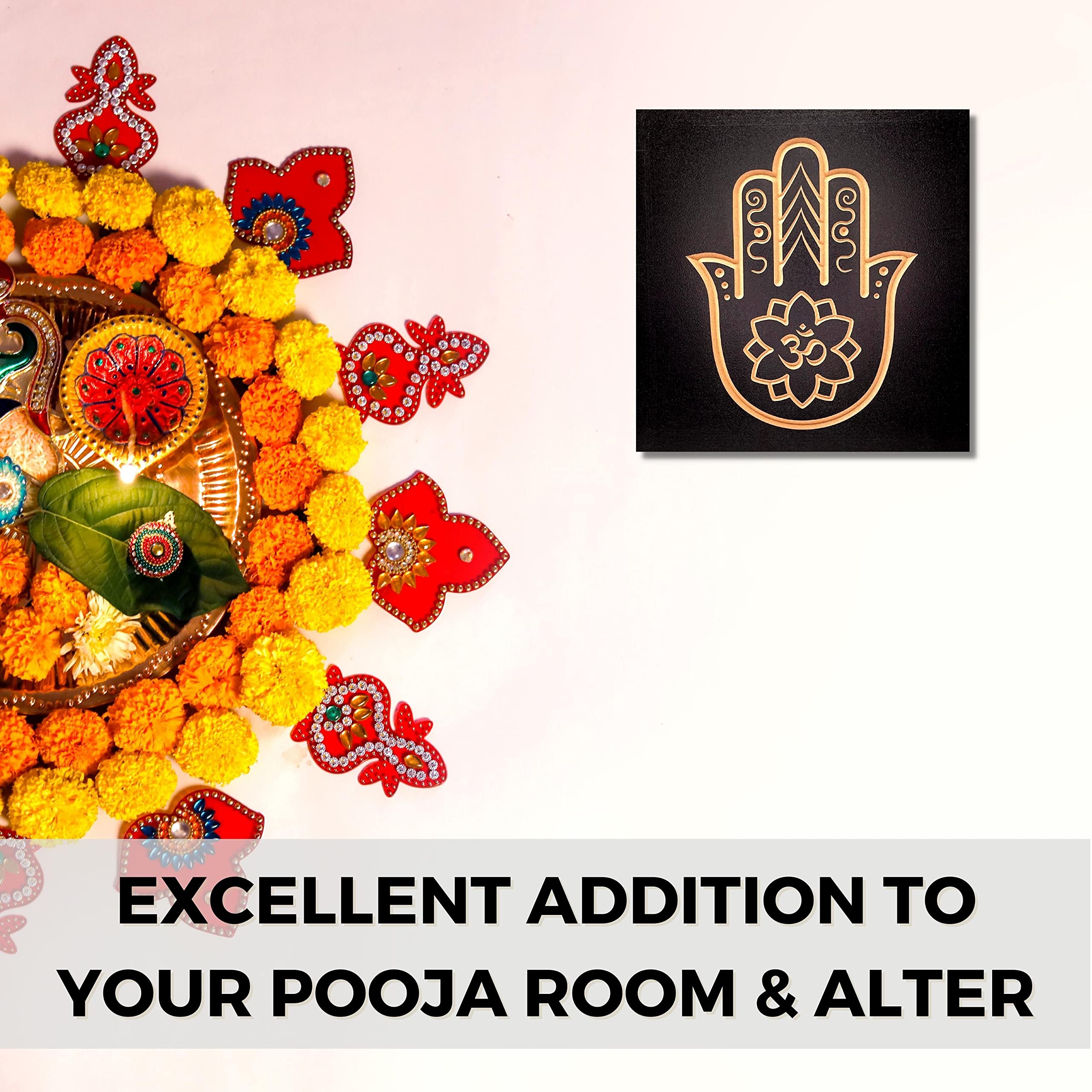 Hand Carved Black Wood Hamsa Hand Om Flower Wall Decor - 8 x 8 Inches Spiritual Wall Art for Pooja Room, Meditation Space & Home Decor - Indian Wooden Wall Hanging with Sacred OM Symbol - Perfect for Yoga Studios, Prayer Rooms & Boho Chic Interiors