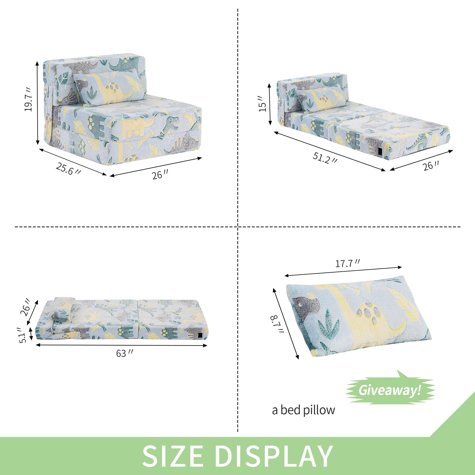 Tiita Kids Folding Sofa Bed - Convertible Toddler Floor Bed & Nap Mat with Storage Bag | Green Dinosaur Design | Perfect for Playrooms, Daycare & Sleepovers