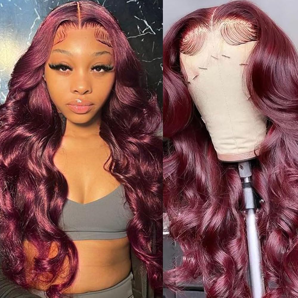Burgundy 13x6 HD Lace Front Wig Human Hair 99J Body Wave 180% Density Pre-Plucked Virgin Hair - 28 Inch Full & Thick Lace Wig for Women | Perfect for Daily Wear, Parties & Special Occasions