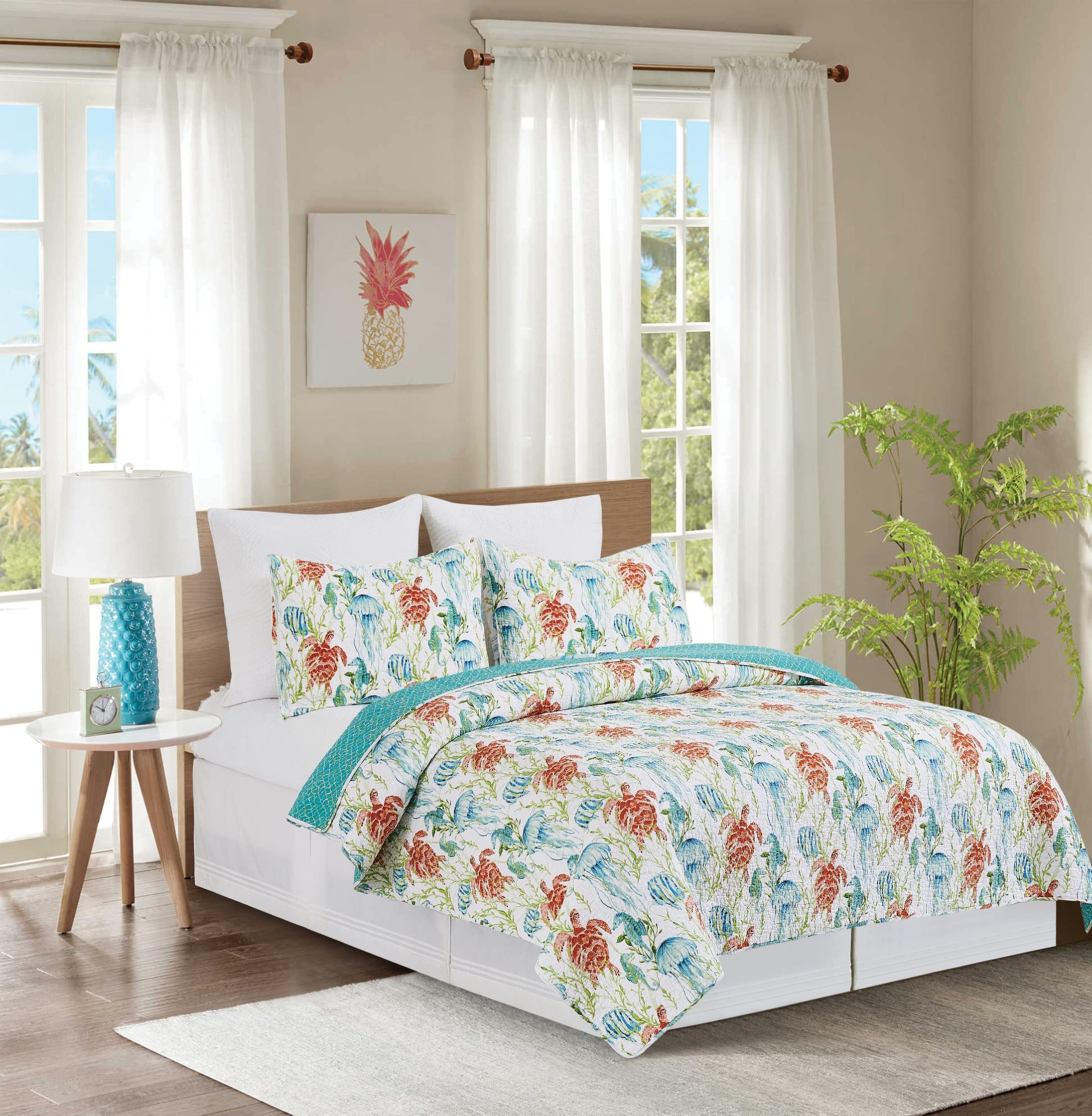 C&F Home Paradise Sound 3-Piece Full/Queen Quilt Set - Aqua Animal Icon Print, Coastal Ocean Beach Seaside Theme, 100% Cotton, Lightweight & Machine Washable, Reversible Bedspread Coverlet - Perfect for Beach House, Guest Room & Coastal Decor
