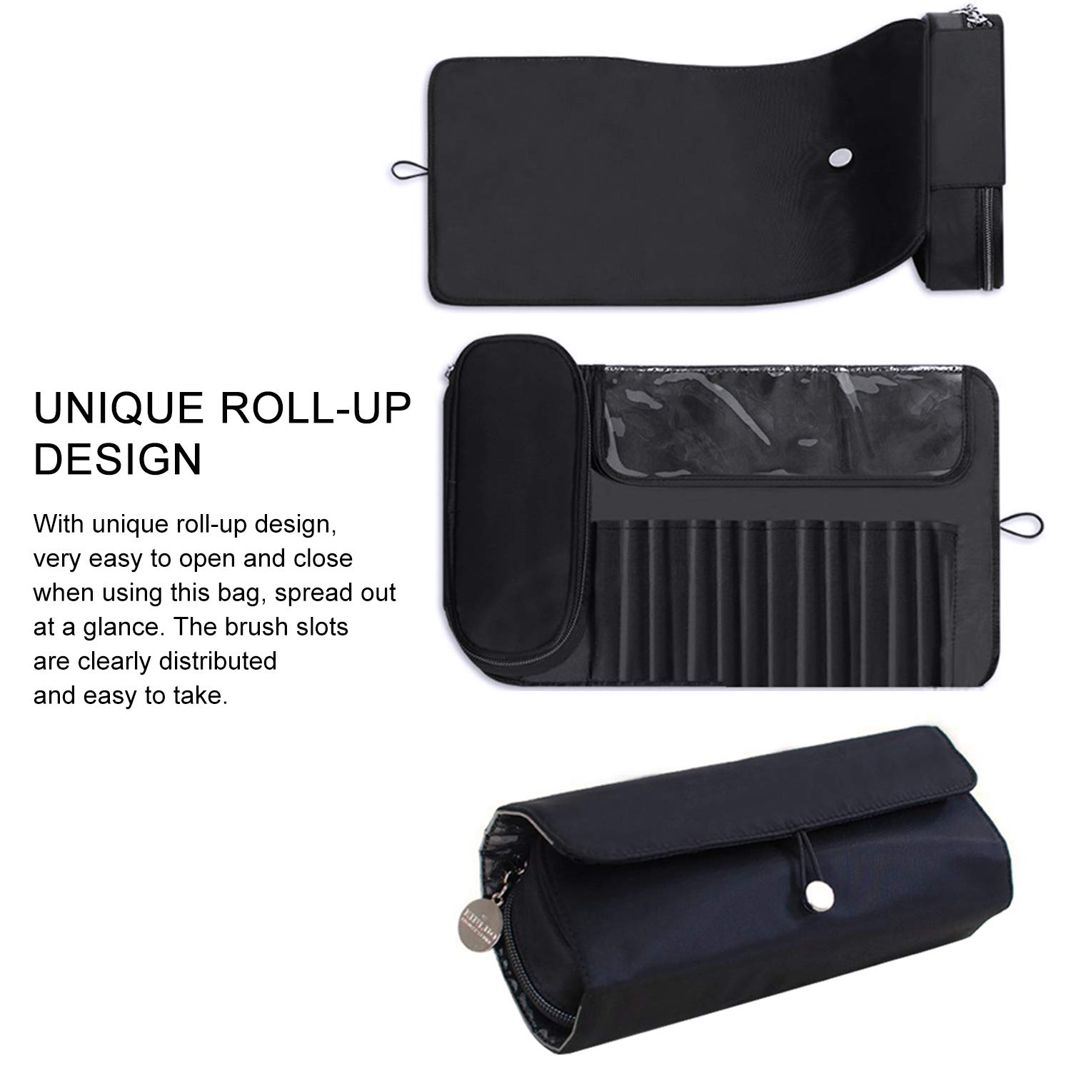Travel Makeup Brush Case - Portable Roll Up Organizer for Brushes & Cosmetics (Black) - Perfect for Travel & Home Use