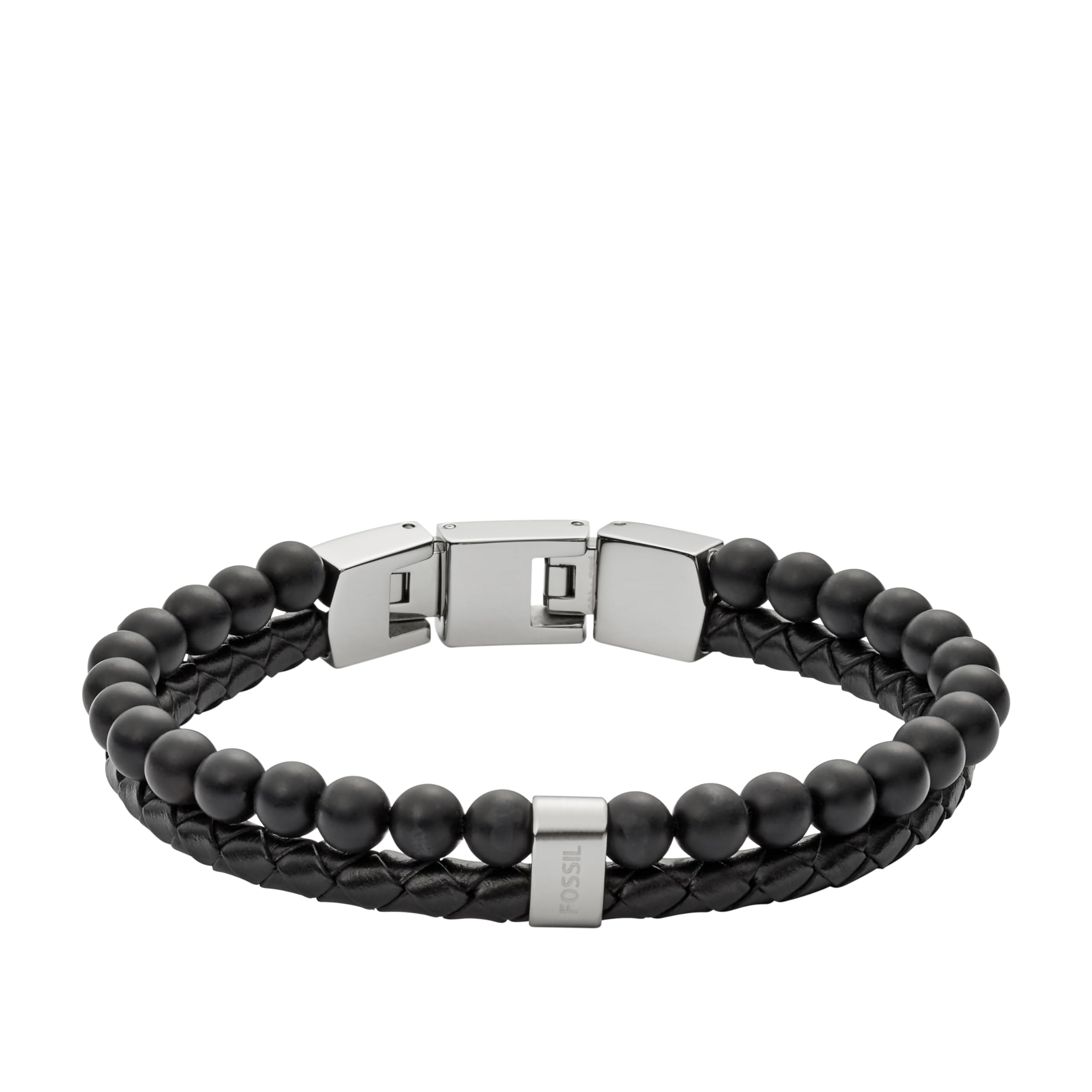 Fossil Men's Stainless Steel & Genuine Leather Beaded Bracelet - Stylish Adjustable Wristband for Casual Wear, Office & Gifts