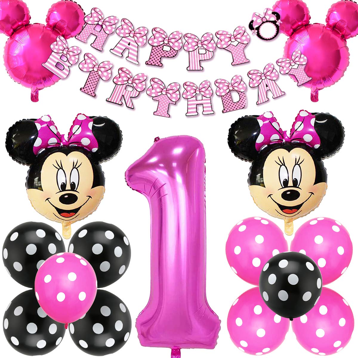 Minnie Mouse Theme Party Decorations Set - Number 1 Foil Balloons with Red Bow for Birthday Celebrations | Disney-Inspired Decor for Kids Parties, Baby Showers & Mickey Mouse Themed Events (Rose Red)