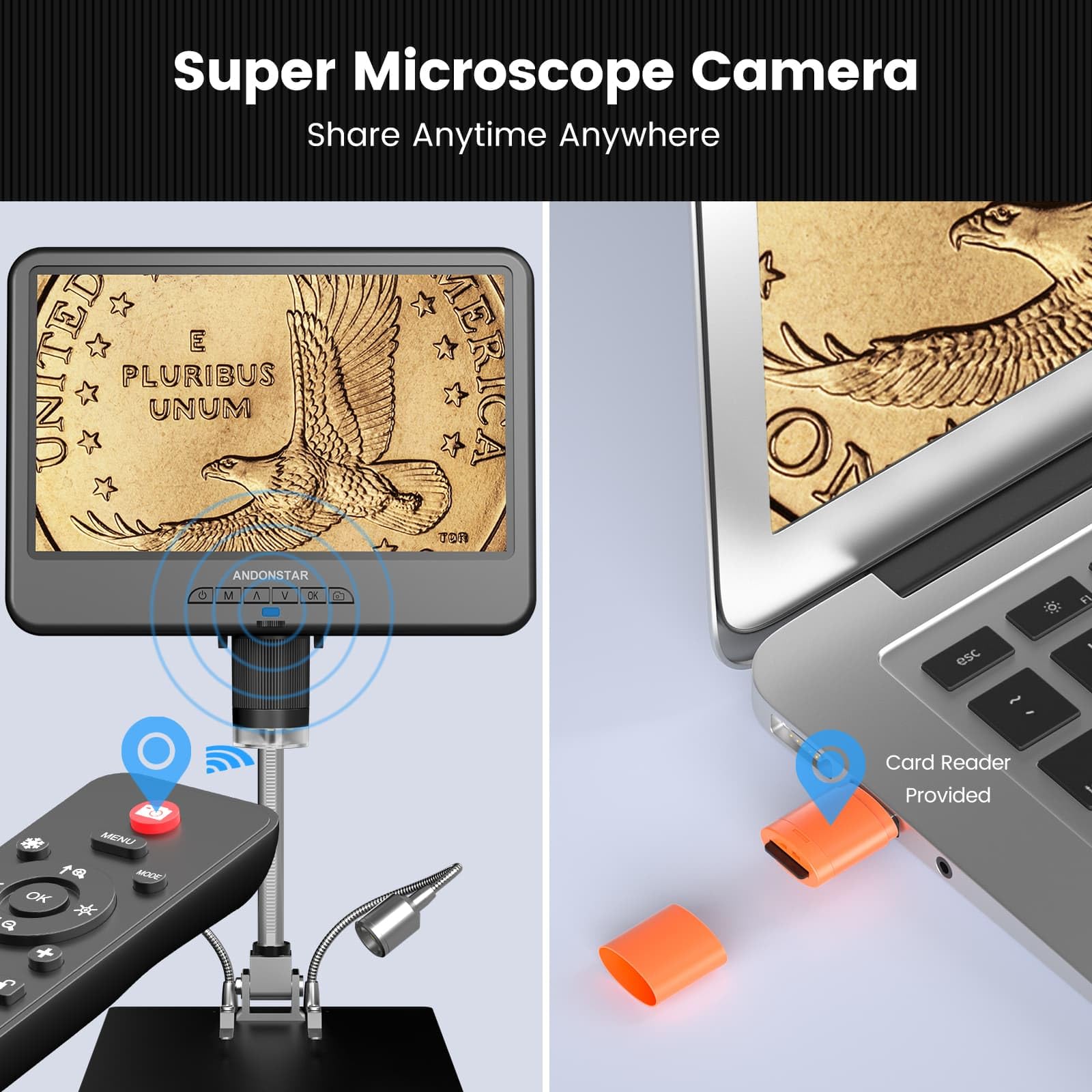 Andonstar AD210 10.1 Inch LCD Digital Microscope for Adults - High Magnification Soldering Microscope for Electronics Repair, Coin Collecting & Error Coin Inspection with LED Light - Includes Biological Slides Kit & 32GB SD Card - Perfect for Hobbyists, Jewelers & STEM Education