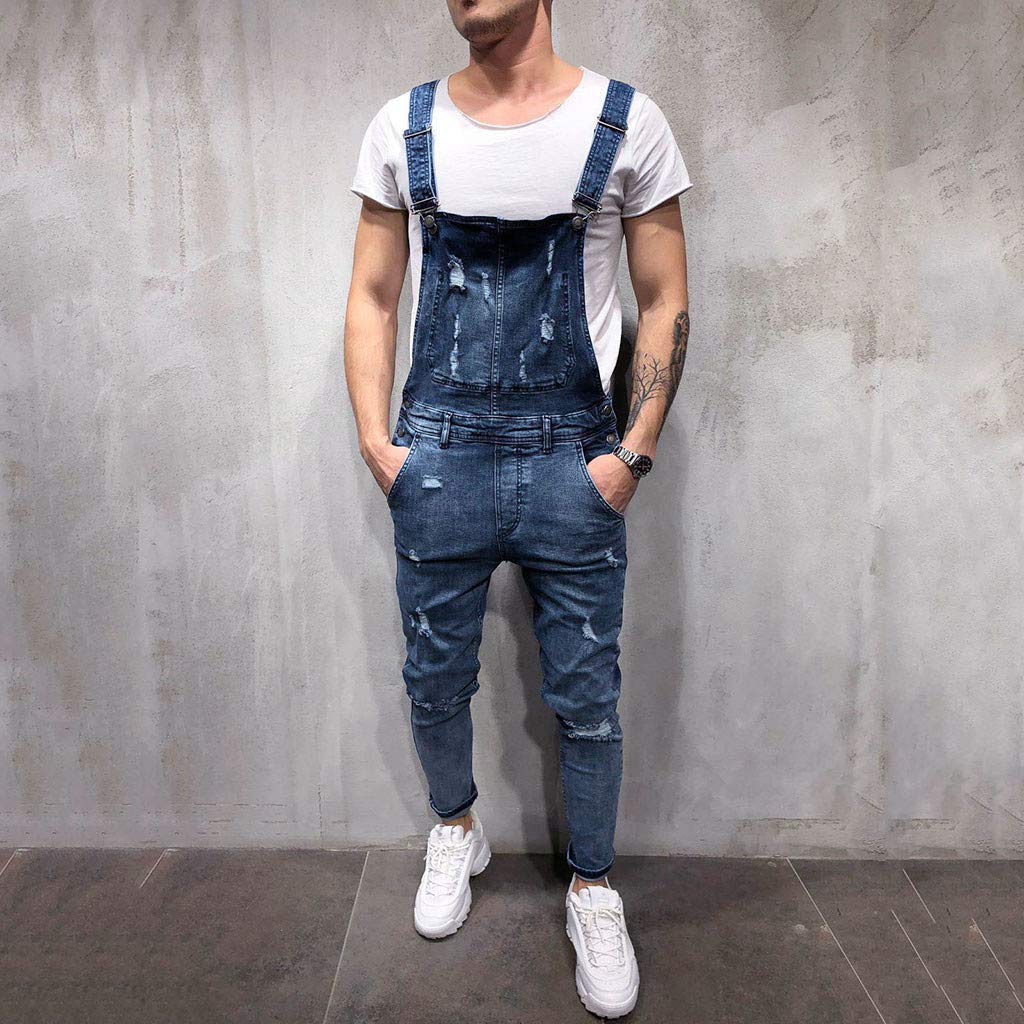 Men's Distressed Denim Overalls with Suspenders & Tie Band - Vintage Washed Jumpsuit Pants for Casual Wear & Work Outfits