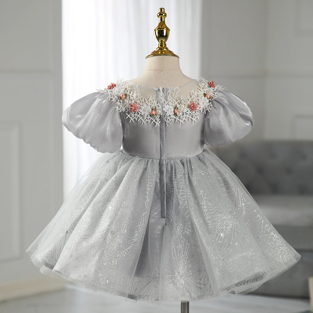 Elegant Grey Princess Tea Length Flower Girl Dress with Beaded Flowers - Perfect for Weddings, Birthday Parties & Special Occasions