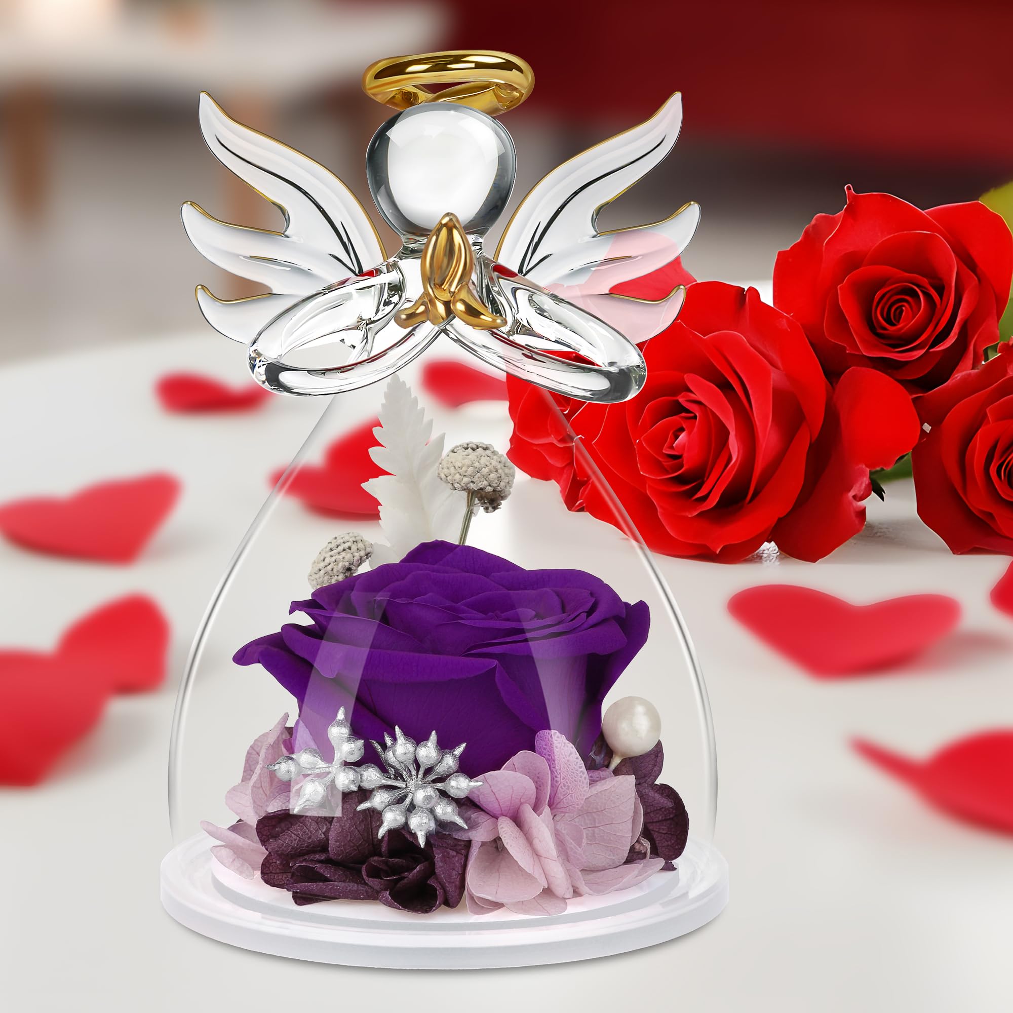 Preserved Purple Rose in Glass Angel Figurines - Mother's Day, Birthday Gift for Women, Mom, Grandma, Wife, Sister - Perfect for Home Decor, Wedding Centerpieces, and Romantic Keepsakes