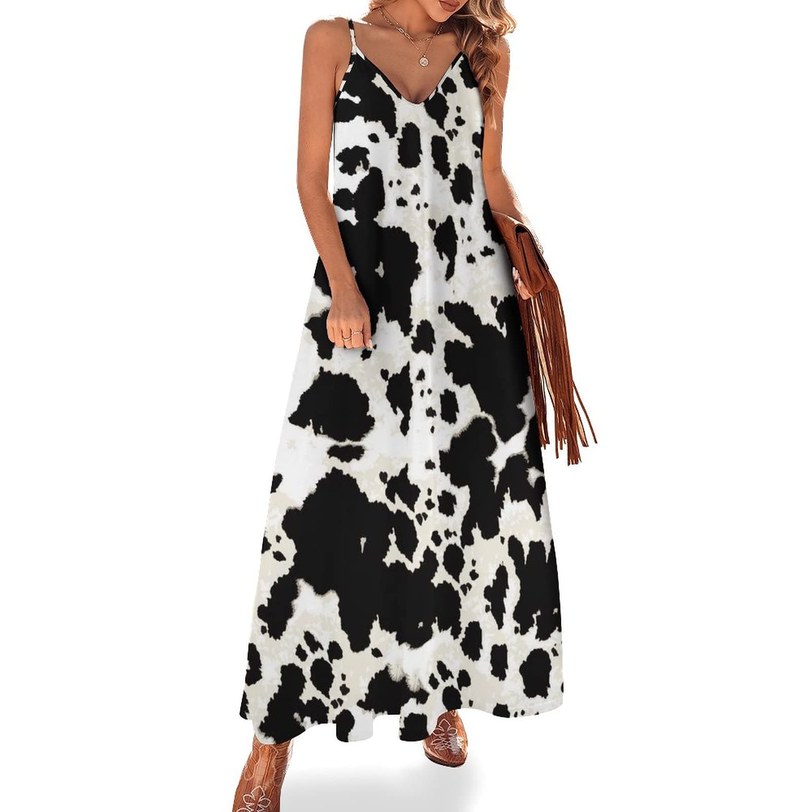 Black and White Cow Print Women's Maxi Dress - Sleeveless V-Neck Long Summer Dress for Beach, Vacation & Casual Wear | Boho Chic Flowy Dress for Women
