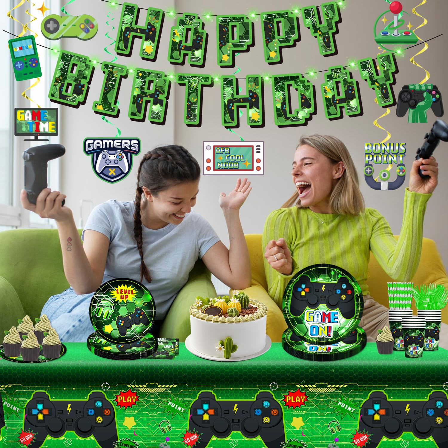 159-Piece Video Game Birthday Party Decorations Set - Includes Banner, Plates, Tablecloth & More - Gamer Themed Party Supplies for Boys - Serves 25 Guests (Green) - Perfect for Gaming Birthday Parties, Teen Celebrations & Esports Themed Events