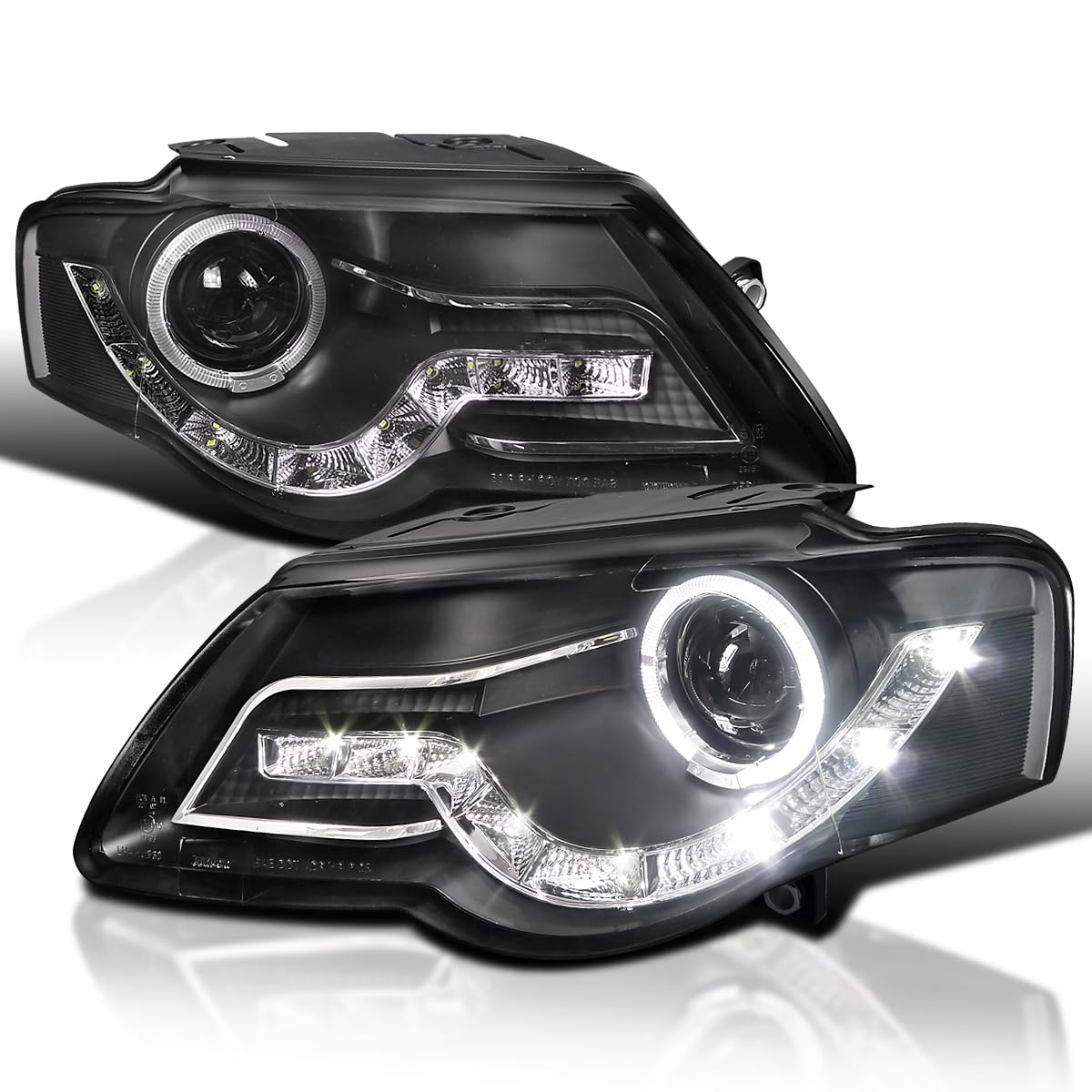 Spec-D Tuning Black Halo Projector Headlights with R8 Style LED Lamps - Compatible with 2006-2010 VW Passat - Left & Right Headlight Assembly - Upgrade for Night Driving & Car Customization