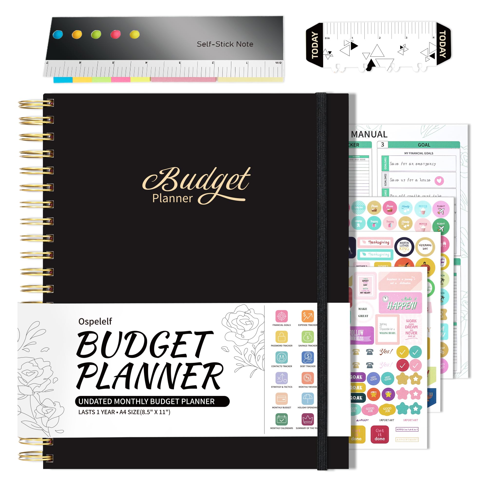 Ospelelf 2025 Budget Planner - Spiral Monthly Bill Organizer with Stickers, 8.5 x 11 Inch Undated Financial Planner | Expense Tracker Notebook with 12 Pockets & Zipper Pouch (Black) - Perfect for Personal Finance Management, Bill Tracking & Savings Goals