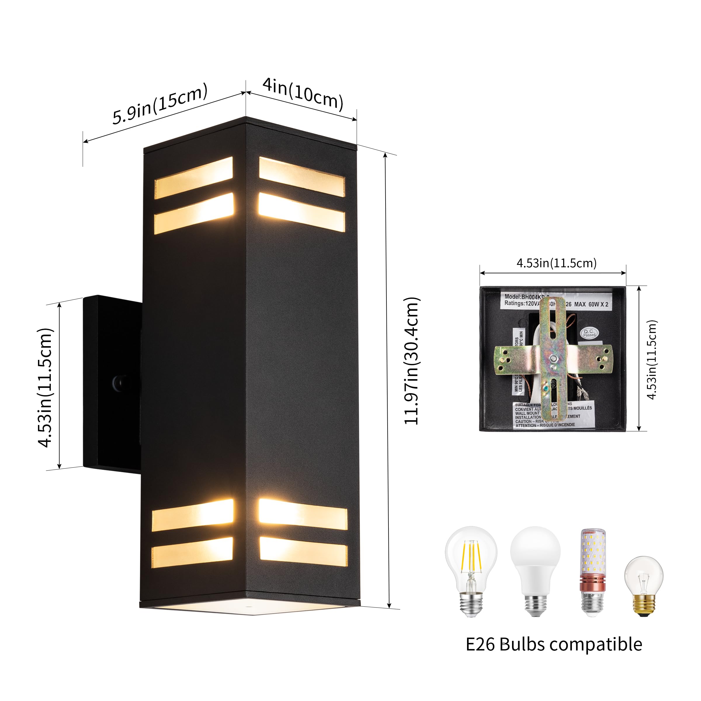 Mirrea 12-Inch Modern Outdoor Porch Light - 2 Pack Matte Black Aluminum Wall Sconce with Tempered Glass, Waterproof Patio Lighting for Porch, Garden & Entryway