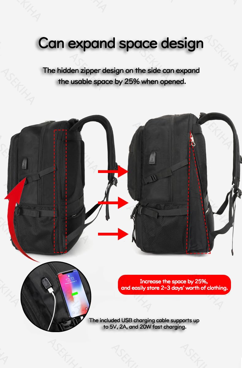 Men's 50L Backpack with Shoe Compartment & USB Port - for Work, Travel & Hiking