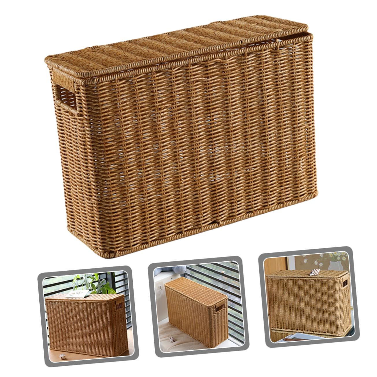 Narrow Tall Storage Bin with Lid - Woven Rattan Magazine Basket for Home Office Organization | Perfect for Books, Files, and Office Supplies