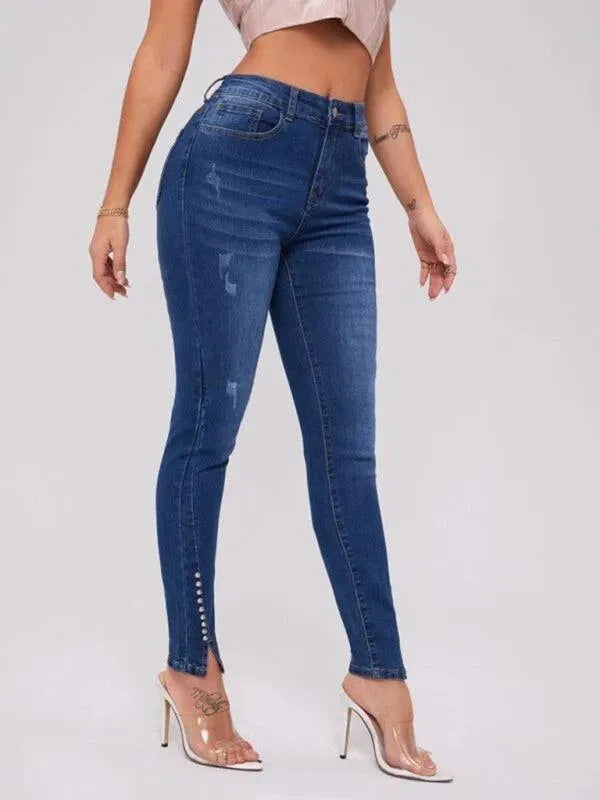 Stylish Women's Beaded Slit Jeans - Trendy High Waist Distressed Denim Pants for Casual Outings & Night Out