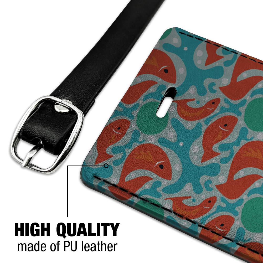 Stylish Orange Fish on Blue Pattern Rectangle Leather Luggage Tag - Durable ID Card Holder for Travel Bags, Suitcases & Backpacks | Perfect for Business Trips, Vacations & Daily Commute